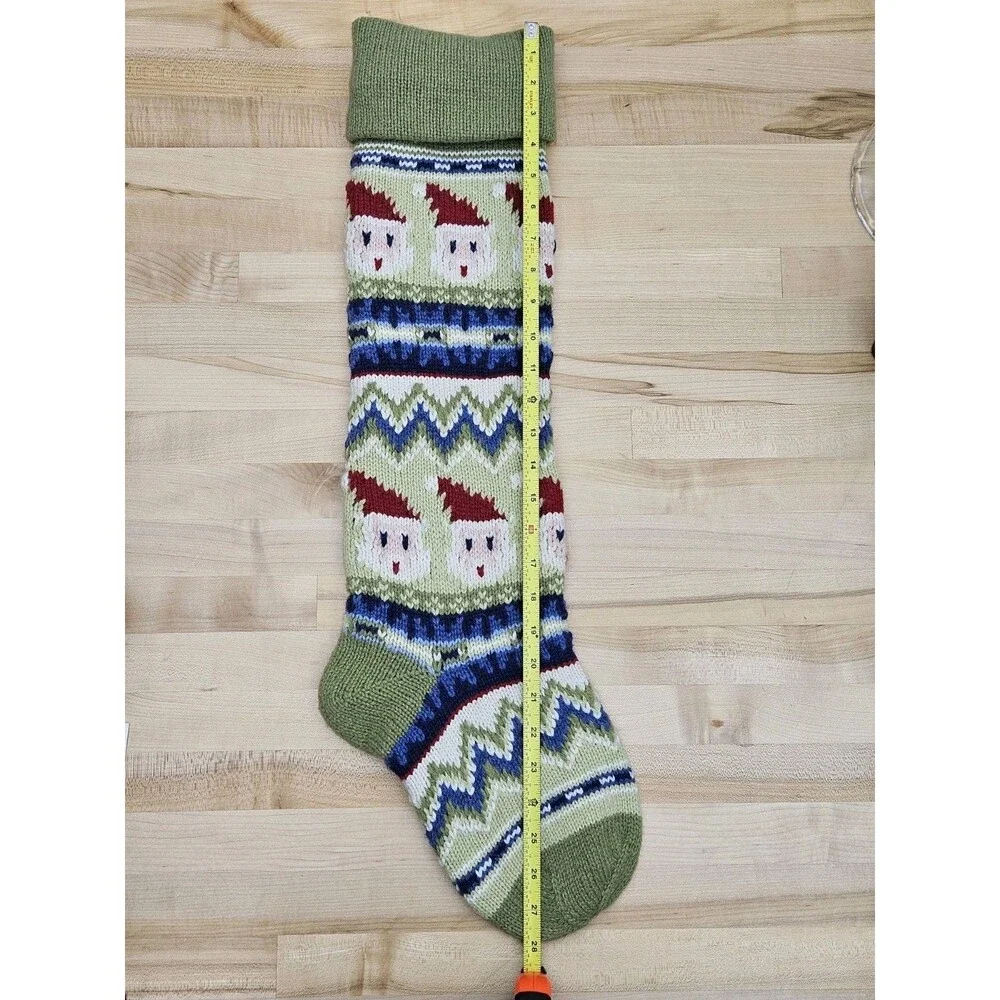 POTTERY BARN KIDS Fair Isle Knit Santa Green CHRISTMAS STOCKING Wool Cotton PBK